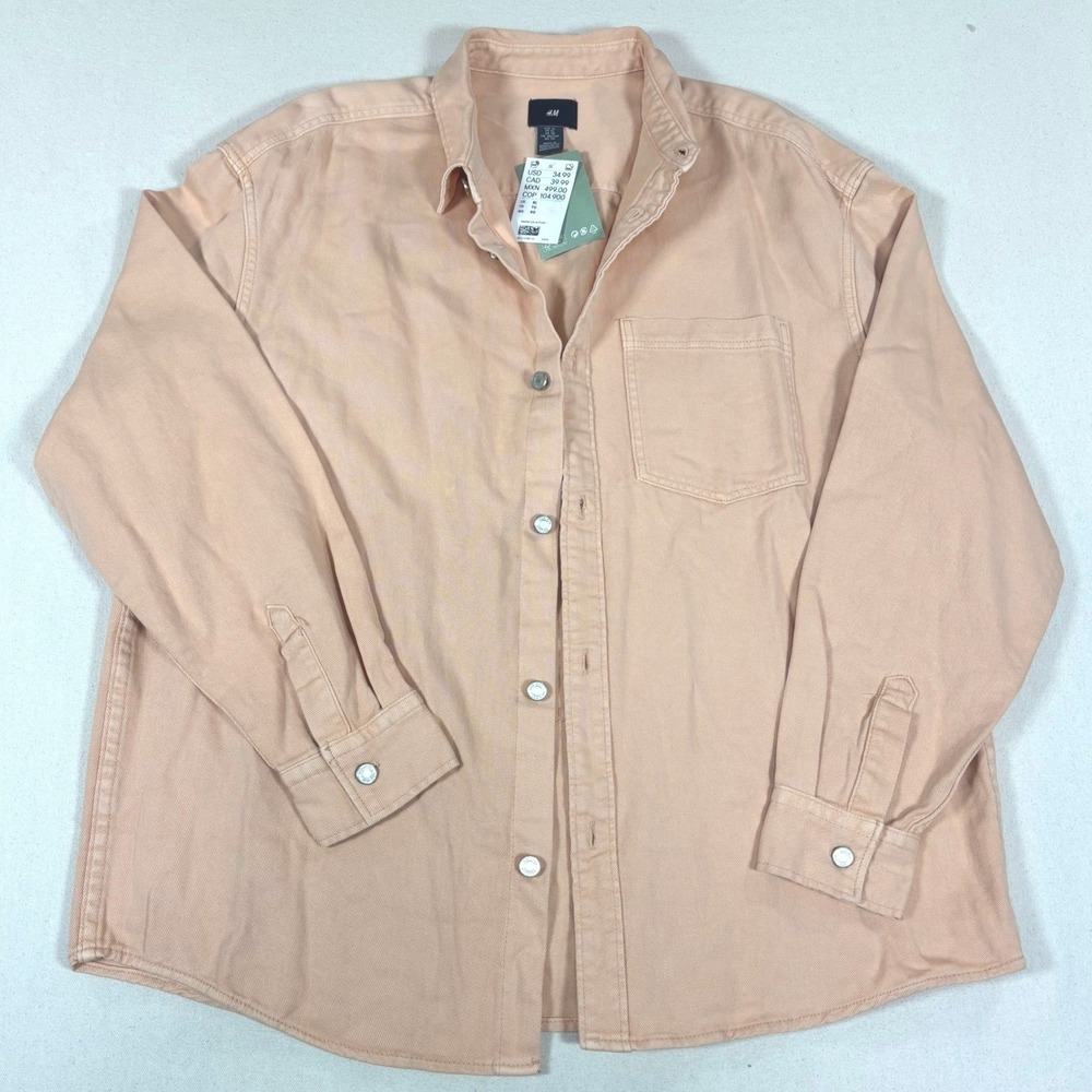 H&M Men Peach Creamsicle Cotton Denim Button Up Shirt Shacket Top  Size XL